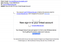 Phishing message claiming a new sign-in to your linked gmail account